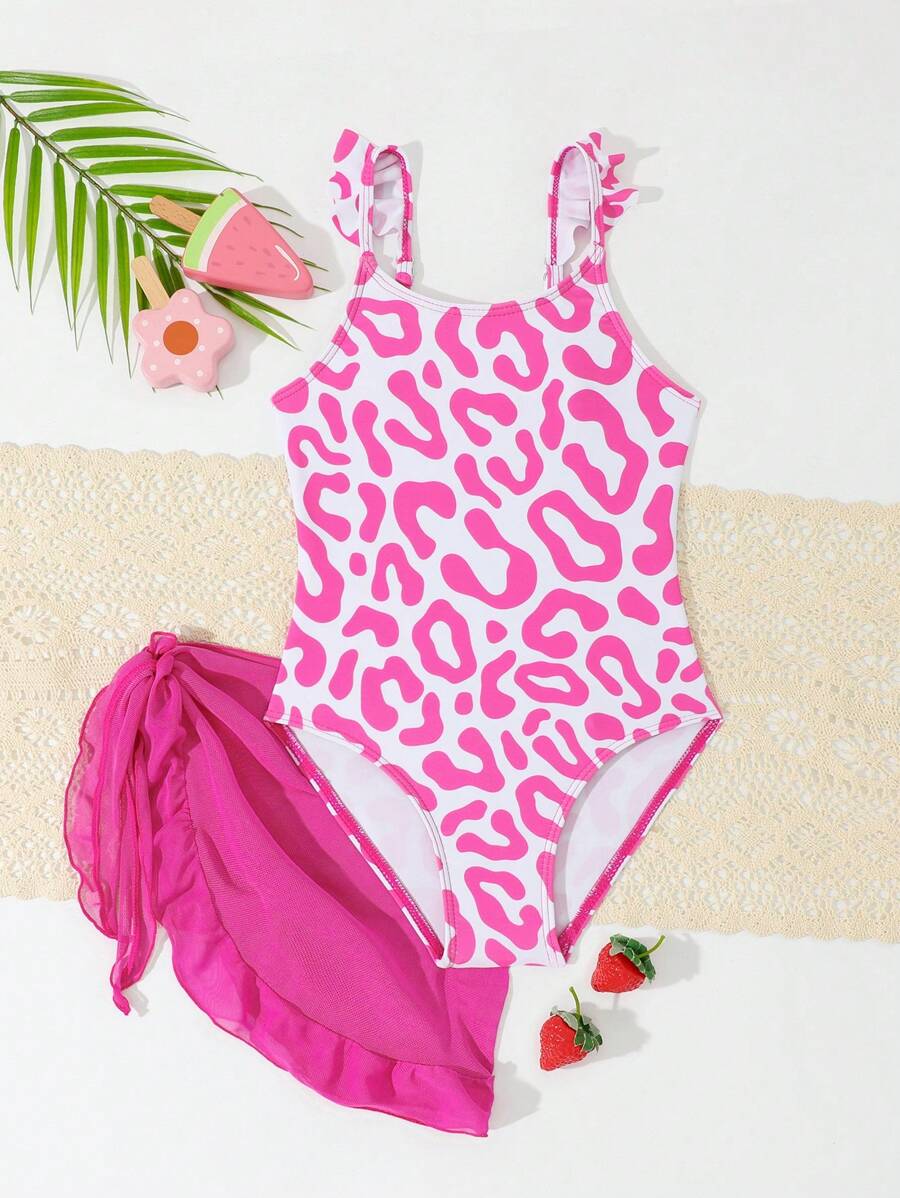 Young Girl Swimsuit, Random Floral Print Spaghetti Strap Ruffled Monokini Top With Ruffle Hem Bottom - Hot Pink - View 1