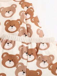 Cozy Pixies 2 件套男婴卡通熊图案针织柔软圆领运动衫和短裤套装