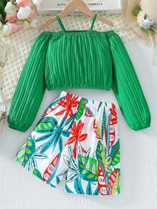 2 piezas/Conjunto Blusa verde con textura y hombros descubiertos y pantalones palazzo con estampado total para niña preadolescente, conjunto de vacaciones de verano - Verde - Ver 2