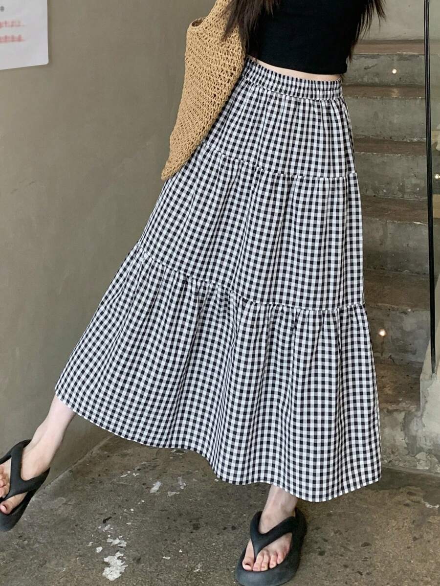 Dazy Designer Women's High Waisted Plaid Textured Skirt With Layered Ruffle Hem