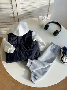 SHEIN Leap Crew 年轻男孩 3 件套休闲韩版字母印花连帽运动衫和宽松慢跑裤和加垫背心，温暖冬季服装，适合学校、花园、海滩、生日，适合春、夏、秋、冬服装 - 彩色 - 查看 14