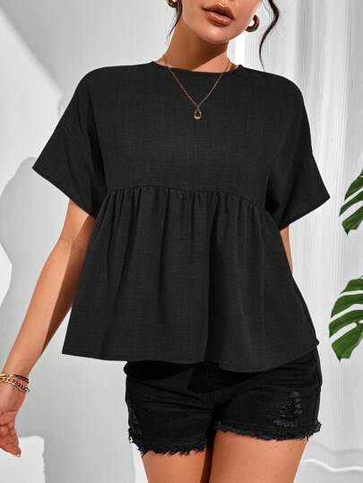 SHEIN Essnce Women Summer Solid Color Round Neck Short Sleeve Loose Blouse,Short Sleeve Tops