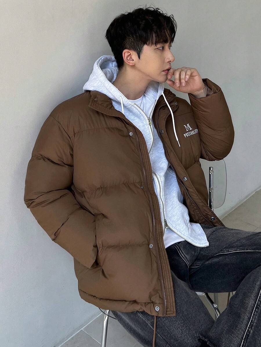 DAZY Áo khoác nam thường ngày có đệm lót in chữ, áo khoác mùa đông - Cà phê nâu - Xem 1