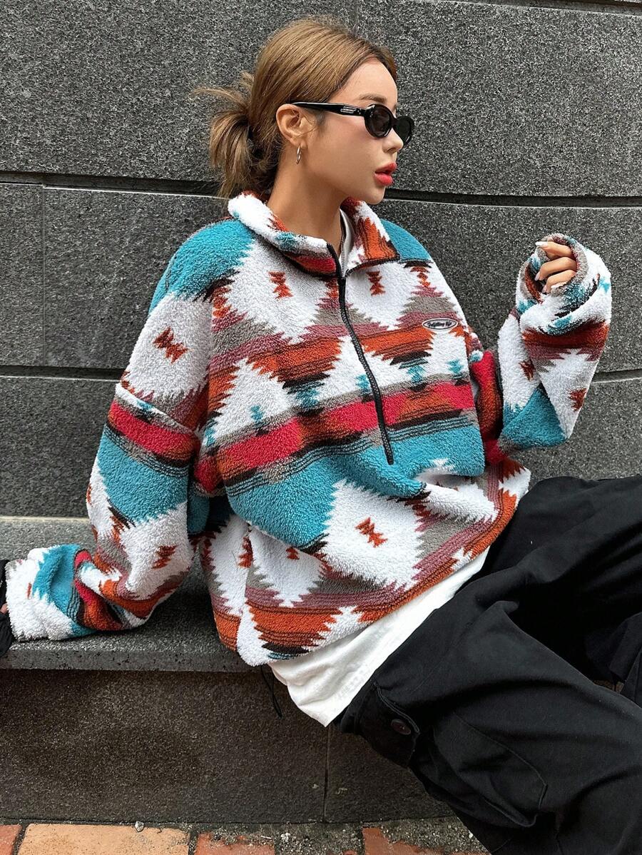 DAZY Geometric Print Stand Collar Sweatshirt, Fall/Winter - Multicolor - View 1