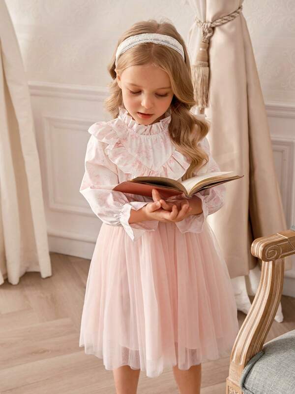 SHEIN Young Girl Elegant Solid Color Stand Collar Ruffle Mesh Panel Long Sleeve Dress