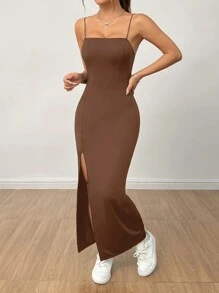 SHEIN PETITE 女式纯色高开叉吊带黑色长裙 - 棕色 - 查看 4