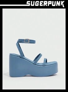 Sugerpunk Xăng đan đế xuồng tối giản cho nữ, Xăng đan thời trang có dây đeo mắt cá chân denim - Màu xanh lam - Xem 1