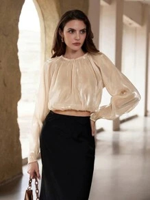 SHEIN Privé 亮面面料褶皱下摆泡泡袖长袖衬衫 - 淺粉色 - 查看 1