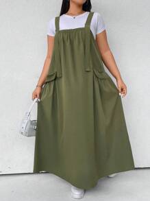 SHEIN EZwear 加大翻盖口袋连衣裤（不含 T 恤），适合日常穿着 - 軍綠色 - 查看 5