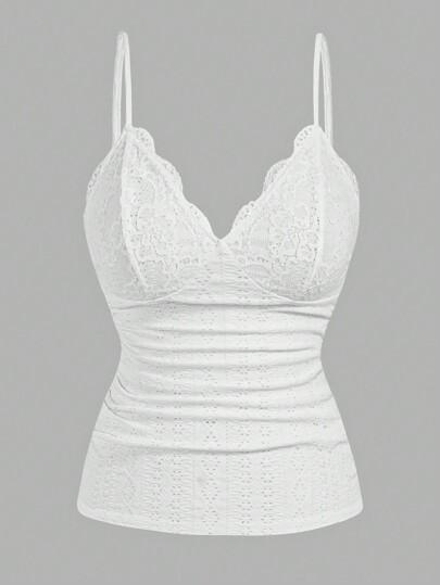 Sweetra Plus Size Summer Casual Solid Color Lace Patchwork White Camisole Top