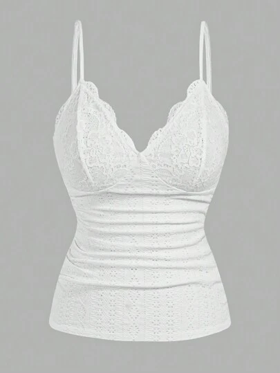 Lyrianda Plus Size Summer Casual Solid Color Lace Patchwork White Camisole Top