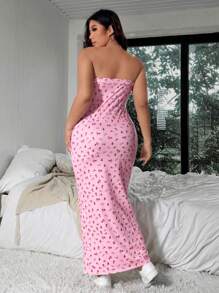 Flirla Vestido de talla grande con estampado de flores y sin tirantes, estilo casual para vacaciones - Rosa - Ver 2