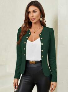 SHEIN Clasi Chaqueta corta de manga larga con botones metálicos decorativos en la parte delantera abierta, unicolor, para primavera y otoño - Verde Oscuro - Ver 1