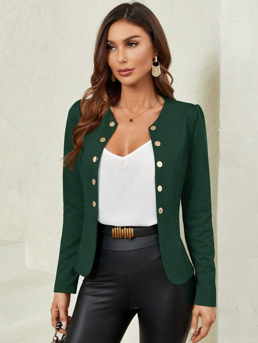 SHEIN Clasi Chaqueta corta de manga larga con botones metálicos decorativos en la parte delantera abierta, unicolor, para primavera y otoño - Verde Oscuro - Ver 1