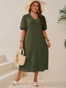 EMERY ROSE Sommerkleid für Damen in Große Größen mit gerafftem Saum, V-Ausschnitt und Puffärmeln, Farbe Gelb