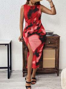 SHEIN Clasi Plus Size Fashionable Tie-Dye Ruched Slit Slim-Fit Sleeveless Dress, Vacation Style - Multicolor - View 7