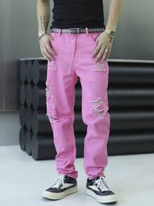 Manfinity EMRG 男式口袋破洞直筒休闲粉色牛仔裤