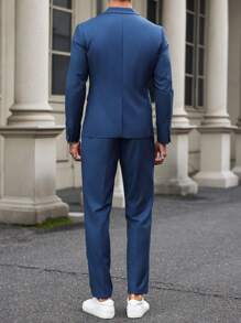 Manfinity Mode 男士纯色简约日常长袖衬衫长裤套装 - 寶藍色 - 查看 2