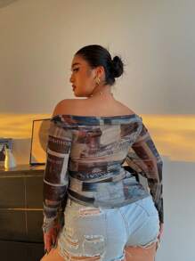 POPSWAY Plus Letter Graphic Off Shoulder Mesh Top Fall Cloth For Women - Multicolor - View 2