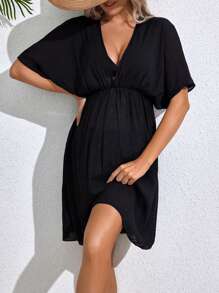 SHEIN Sukienka ciążowa luźna, jednolita, z głębokim dekoltem w serek i rękawami typu nietoperz, na lato