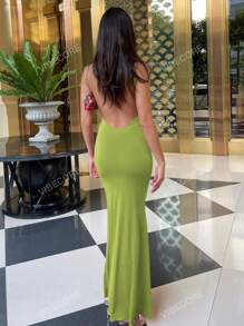 Women Solid Slit Bodycon Backless Sexy Elegant Dress Night Out Party Club Vacation Beach Spring Summer Casual Clothes