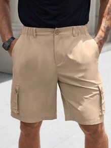 Manfinity Homme Men's Solid Color Workwear Cargo Pocket Loose Fit Casual Shorts - Khaki - View 4