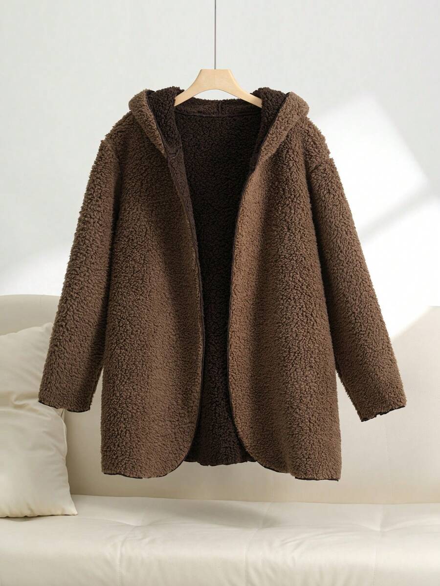 SHEIN Essnce 女士加大碼連帽絨毛可反轉外套 - 咖啡棕 - 查看 1