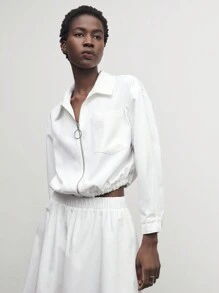 BizChic Women's Casual Solid White Zipper Jacket With Pockets, Long Sleeve - White - View 8