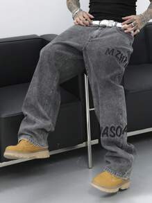 Manfinity Denimwave Men Casual Washed Letter Embroidered Baggy Jeans, Plain Long Dark Jeans Baggy Dark Grey Washed Cargo Jeans, For Husband, Boyfriend Gifts Going Out Hang Out Commute Street Work, Emo Style - Black - View 3