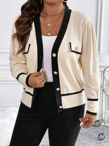 Franclia Plus Size V-Neck Pocket Color Block Long Sleeve Knit Sweater, Slim Fit Luxurious French Style For Autumn/Winter