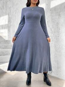 SHEIN LUNE Vestido de punto acanalado de unicolor simple de uso diario para mujer de talla grande - Azul - Ver 3