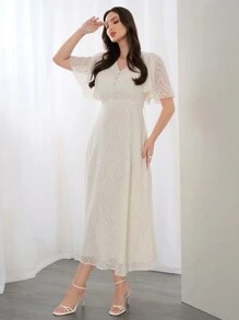 Modelyn 女士 V 领荷叶边袖时尚派对聚会配套连衣裙，优雅晚会礼服长款晚礼服 - 杏色 - 查看 5