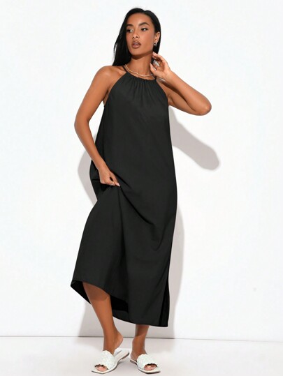 SHEIN BASICS Women Summer Casual Woven Halter Neck Split Hem Dress