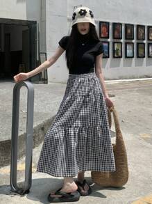 Dazy Designer Women's High Waisted Plaid Textured Skirt With Layered Ruffle Hem