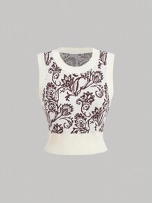 SHEIN MOD Chaleco de punto sin mangas con estampado floral para mujer, chaleco de punto vintage marrón con cuello redondo, chaleco de punto para mujer