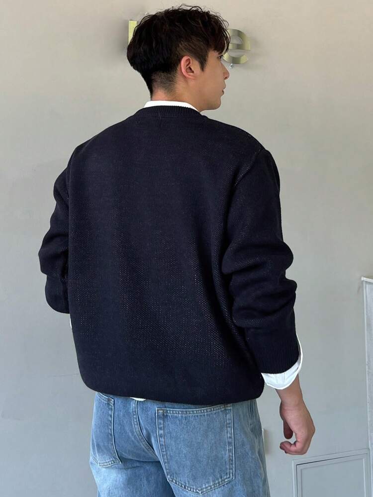 Men's Casual Slogan Pattern Round Neck Long Sleeve Loose Sweater, Autumn
