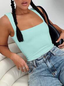 Ladies' Plain Double-Layer Pleated Square Collar Versatile Tank Top, Spring And Summer - 薄荷綠 - 查看 3