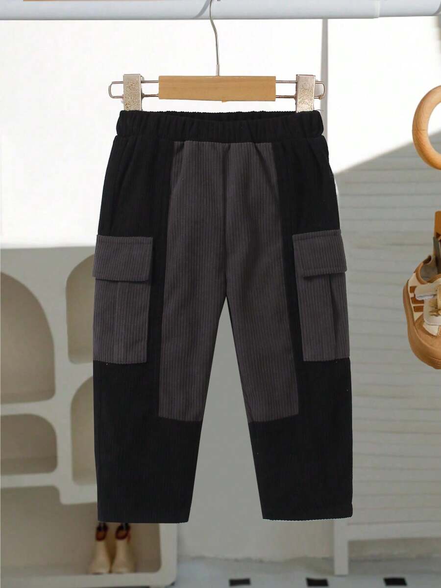 Infant Boys' Casual Patchwork Colorblock Ribbed Cargo Pants, Fall/Winter - Black - View 1