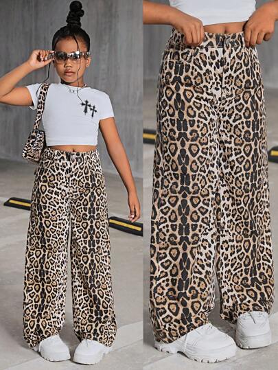 SHEIN Tween Girls Leopard Print Baggy Denim Straight Leg Jeans