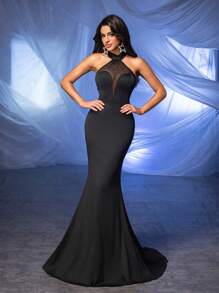 Glamrae Elegant Black Hanging Neck Mesh See-Through Splicing V-Neck High Waist Waist Section Skinny Back Banner Backless Slim Fishtail Drag Tail Dating Bachelorette Party Vacation Back-To-School Season Wedding Event Heavy Duty Evening Gowns Formal Prom Wedding Guest Dress, For Graduation, Dinner - Black - View 3