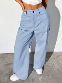 SHEIN EZwear Women's Casual Blue Striped Woven Wide Leg Pants With Straight Fit,Drape Cargo Trouser
