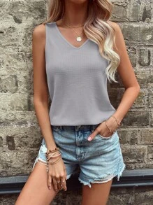 SHEIN LUNE Women Plain Simple Sleeveless V-Neck Backless Camisole - Grey - View 3