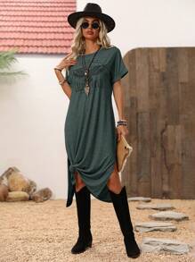 SHEIN LUNE Women's Letter Printed Round Neck Split Hem Short Sleeve Summer Dress - Dark Green - View 5