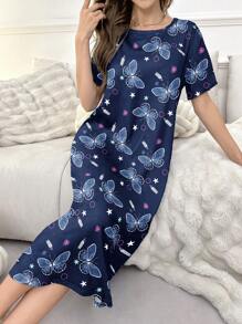 Camisón de mujer con estampado de mariposa de cuello redondo y manga corta, vestido de dormir Moo Moo - Azul Marino - Ver 6