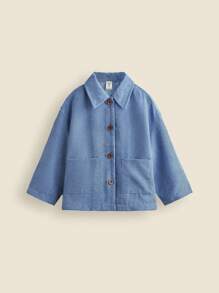 SHEIN 秋冬季少女纯色灯芯绒长袖简约休闲夹克，蓝色 - 藍色 - 查看 1