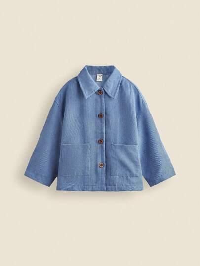 THE HAPPY LOOK 秋冬季少女纯色灯芯绒长袖简约休闲夹克，蓝色