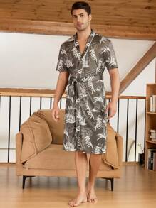Men's All-Over Print Waist Belt Short Sleeve Bathrobe - Army Green - View 1