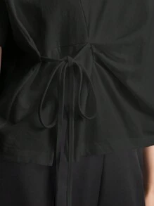 2026春夏新款女式T恤，圆领短袖腰带休闲T恤，畅销纯黑色上衣，不对称褶皱扭结宽松复古风外套，适合婚礼宾客、教师、上班族等场合，时尚百搭女式T恤 - 黑色 - 查看 7