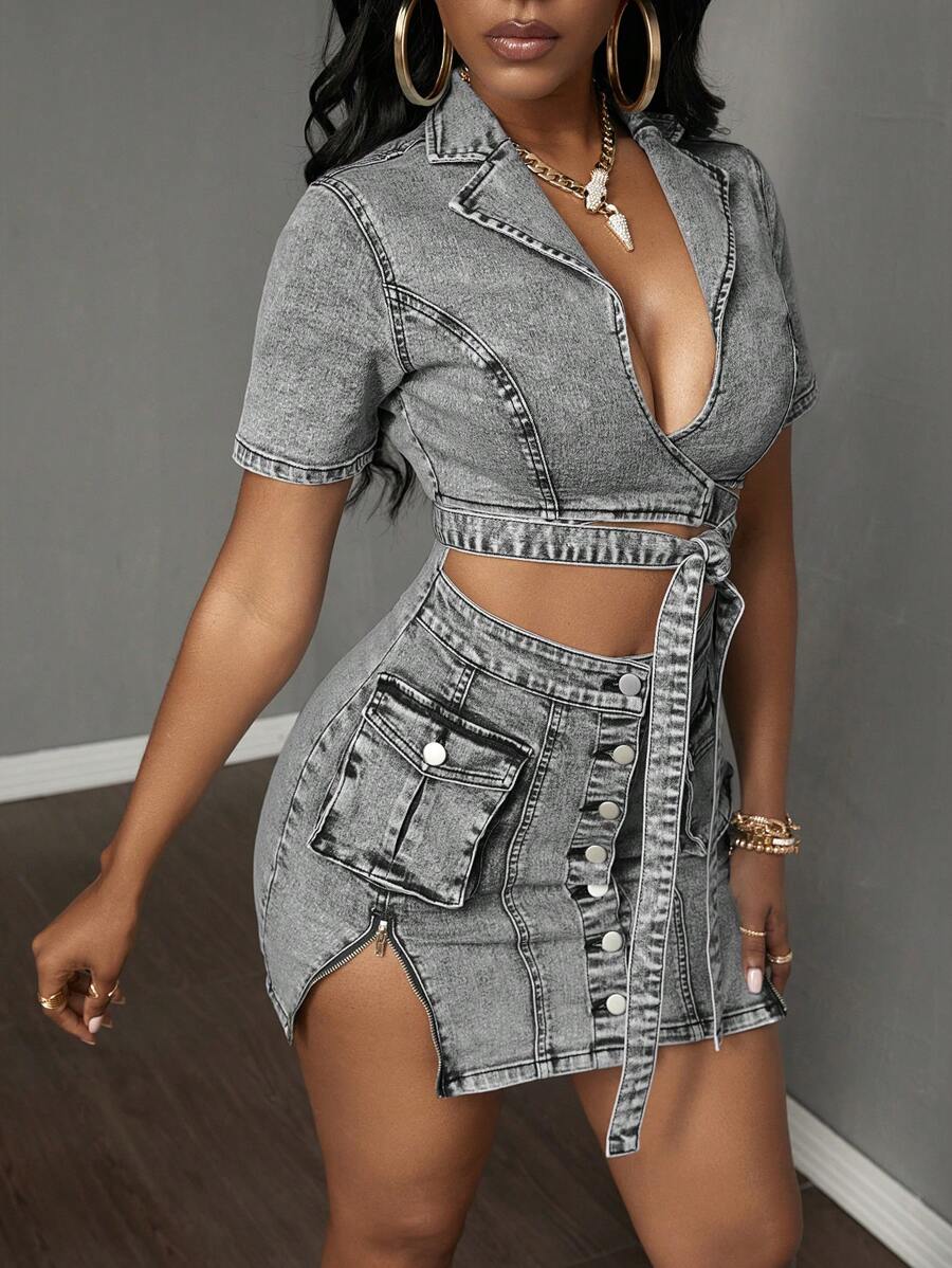 SHEIN Tall 女士时尚性感做旧镂空开衩修身牛仔中长连衣裙 - 灰色 - 查看 1