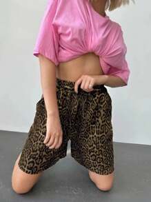 INAWLY Women's Leopard Print Casual Straight Leg Summer Shorts